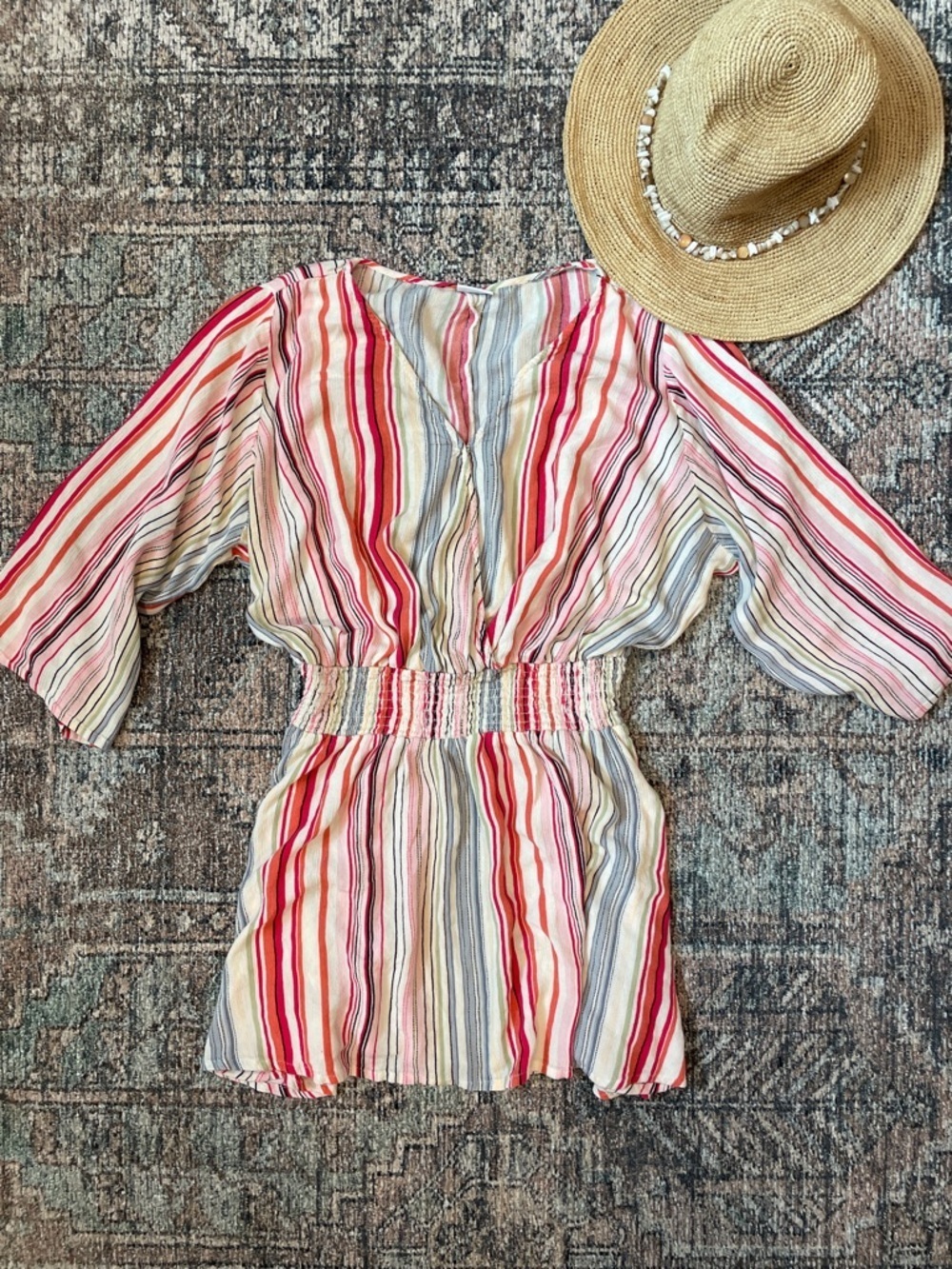 Lascana Striped Swim Cover Up Dress Size 4 Smocked Beach Resort Coverup